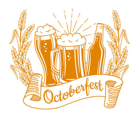 Beer festival advertisement engraving monochrome poster, Oktoberfest template. Vintage card glass bottle, cup and wheat ear hop, tap. Retro design alcohol bar craft background, brewing banner vectorのイラスト素材