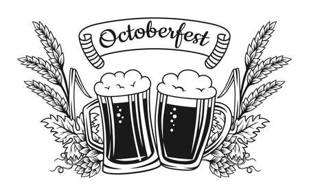 Beer festival advertisement poster Oktoberfest template. Monochrome engraving design banner glass cup and wheat ear hop. Alcohol bar background, brewing emblem, vintage label lager ale beverageのイラスト素材