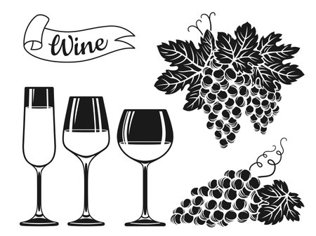 Wineglass and bottle, grape bunch engraving silhouette set. Wine stamp products, vine grapes vintage ink shape hand drawn design. Champagne bottles alcohol bar, advertisement spirits design for cafeのイラスト素材