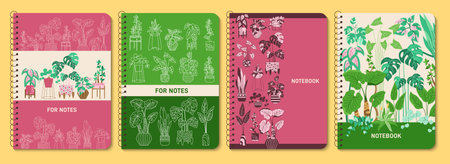 House potted plant trendy notebook cover set. Exotic houseplants flowerpot line design for planner, brochure, book, catalog. doodle notepad with plants. Decorative layout page print template posterのイラスト素材