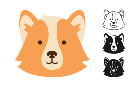 Dog corgi faces cartoon character set. Cute puppy childish kawaii head symbol muzzle, line doodle, icon or silhouette. Smiling funny doggy pet baby, cartoon comic print flat sticker template vectorのイラスト素材