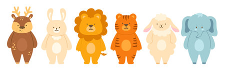 Cute wild animals cartoon baby set. Childish safari character lion, tiger elephant, deer, sheep and rabbit. Funny jungle kid wildlife collection. Illustration print template for kid card, poster coverのイラスト素材