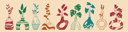 Tropical leaves and herbs in vase or ceramic pot, jug or jar bottles doodle set. Cozy home decor handmade boho engraving pottery form. Abstract various vases stencil, hand drawn vessel. Trendy vectorのイラスト素材