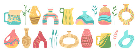 Vase and ceramic pot, jug or jar bottles silhouette set. Cozy home decor handmade boho pottery form and branch leaves. Antique various shape vases, hand drawn vessel. Trendy art vector illustrationのイラスト素材