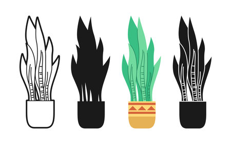 House plant in pot, decorative cozy cartoon set. Exotic houseplants flowerpot for interior. Botanical potted ceramic home plants doodle, line icon or silhouette style collection. Isolated flat vectorのイラスト素材