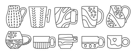 Cup mug trendy line doodle different pattern and shapes set. Crafted simple outline symbol ceramic tableware. Tea coffee beverages teacup icon. Stain, stripes spotted porcelain cups mugs sign vectorのイラスト素材