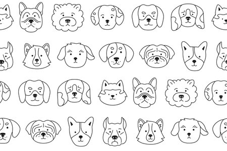 Dog faces doodle seamless pattern. Smiling funny childish doggy pet, baby comic flat endless ornament. Cute puppy kawaii cartoon head muzzle repeat wrapper. Wallpaper template for kid designのイラスト素材