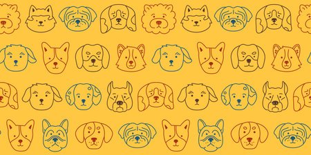 Dog faces doodle seamless pattern. Smiling funny childish doggy pet, baby comic flat endless ornament. Cute puppy kawaii cartoon head muzzle repeat wrapper. Wallpaper template for kid designのイラスト素材
