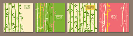 Abstract bamboo stem trendy cover or square card design set. Asian exotic pattern page flyer, notebook planner with plants. Brochure social media catalog. Decorative organic natural page backgroundのイラスト素材