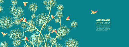 Flock of bird and tree branches trendy design background. Asian exotic pattern backdrop horizontal template with dove fowl birds. Vintage elegance decorative banner, invitation, voucher or certificateのイラスト素材