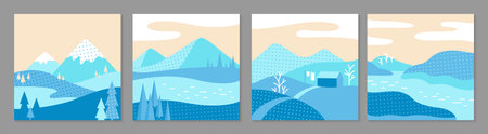 Winter snowy landscape set. Abstract scenery flat minimalist design for poster, cover, postcard, book cover, brochure flyer, template typography. Winter cold snow season illustration vector collectionのイラスト素材