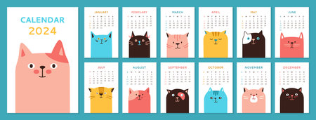Calendar 2023 with cartoon Cats template page and cover set. Monthly calendar typography cute kitty pets collection. Funny drawn kawaii cats animal different emotions. Trendy event planner vectorのイラスト素材