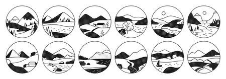 Nature field landscape scenery four seasons round set. Abstract glyph nature monthly calendar twelve months of year spring, autumn, summer winter. Doodle black white illustration typography collectionのイラスト素材