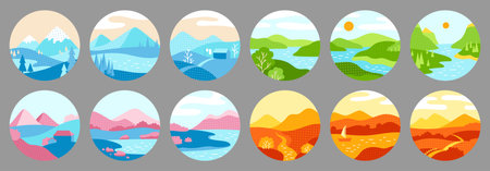 Nature field landscape scenery four seasons round sticker set. Abstract nature monthly trendy calendar twelve months of year spring, autumn, summer winter collection. Planner illustration templateのイラスト素材