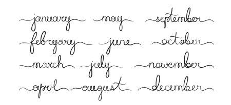 Months names line cursive handwritten set. Calendar months of year continuous calligraphic brush drawn script collection. Hand drawn lettering text for calendar and organizer, planner vectorのイラスト素材