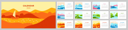 Calendar 2023 with landscape set. Abstract minimalist nature scenery four seasons spring, autumn, summer, winter typography desk template collection. Monthly trendy calendar planner page cover vectorのイラスト素材