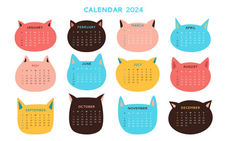 Calendar 2023 Cats head shape template set. Monthly calendar cute kitty pets muzzle collection. Funny kawaii cats animal simple planner. Trendy event page meow vector typography design for kidのイラスト素材