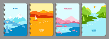 Notepad with nature field landscape. Notebook cover scenery four seasons set. Spring autumn summer winter illustration design for planner brochure, book catalog. Decorative layout page template posterのイラスト素材