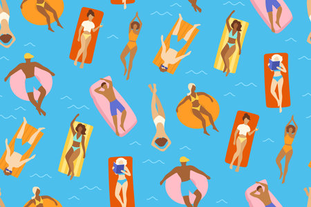 People swimming in the ocean summer seamless pattern. Women and men in swimsuit rest sunbathing and relaxing in water, sea, pool boundless background. Wallpaper paper, print cartoon vector ornamentのイラスト素材