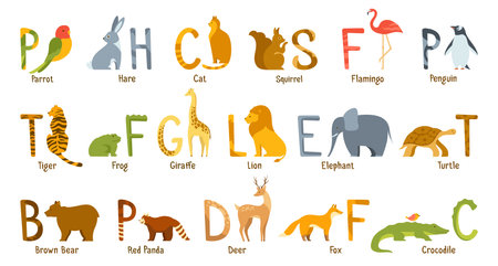 Animal zoo alphabet cartoon set. Ornamental letters animals for kids educational learning illustration. Hare parrot squirrel giraffe. Panda bear penguin. Cat fox lion tiger design collection characterのイラスト素材