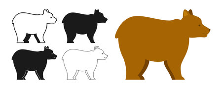 Bear grizzly wild animal cartoon style set. Forest mammal bear symbol, line doodle, stamp or silhouette collection. Flat funny character animal icon. Hand drawn simple abstract zoo vector illustrationのイラスト素材