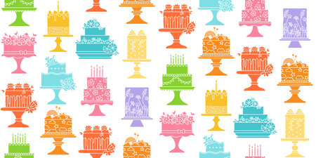 Birthday cakes celebration desserts seamless pattern. Party delicious cupcake sweet bakery boundless background. Holiday decoration cake abstract ornament pastries endless texture happy cartoon vectorのイラスト素材