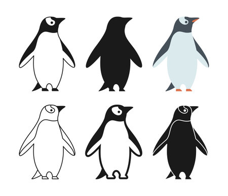 Penguin bird cartoon style set. Funny Antarctic bird cute winter symbol, line doodle or silhouette collection. Flat modern character Penguins icon. Hand drawn simple abstract zoo vector illustrationのイラスト素材