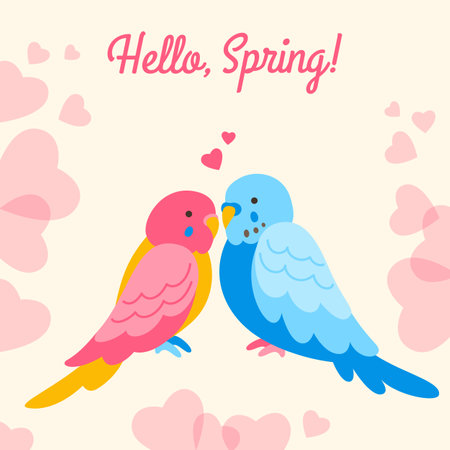 Tropical Parrot cartoon postcard. Spring exotic poster, banner, background template with jungle Hawaiian cute bird. Hand drawn parrots invitation flyer, card, postcard mockup, advertising illustrationのイラスト素材