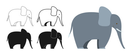 Elephant wild animal cartoon style set. African or Indian cute elephant symbol, line doodle animal silhouette. Flat funny character icon. Hand drawn mammal simple abstract zoo vector illustrationのイラスト素材