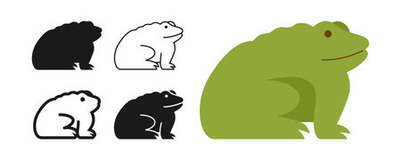 Frog wild reptile cartoon style set. Tropical exotic toad side view symbol line doodle, silhouette...