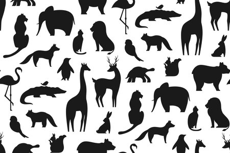 Animal silhouette seamless pattern. Shape parrot squirrel, frog, giraffe. Panda and bear penguin. Deer cat turtle fox lion tiger. Mammals characters for baby endless repeat wallpaper backgroundのイラスト素材
