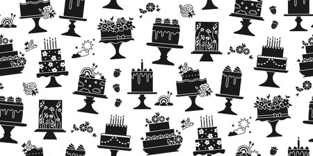 Birthday cakes celebration desserts seamless pattern. Party delicious cupcake sweet bakery boundless background. Holiday decoration cake abstract ornament pastries endless texture stamp stencil vectorのイラスト素材