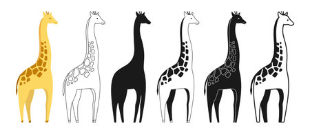 Giraffe wild animal cartoon style set. African safari cute giraffes symbol, line doodle animal silhouette. Flat funny African giraffe character icon. Hand drawn simple abstract zoo vector illustrationのイラスト素材