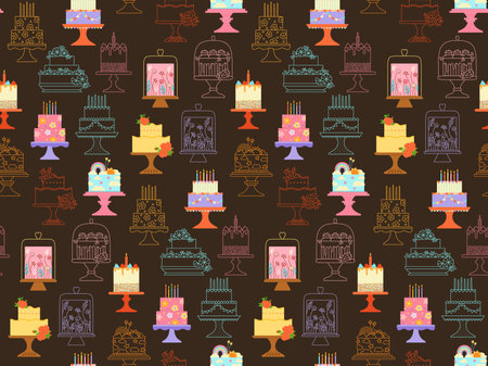 Birthday cakes celebration desserts seamless pattern. Party delicious cupcake sweet bakery boundless background. Holiday decoration cake abstract ornament pastries endless print texture cartoon vectorのイラスト素材