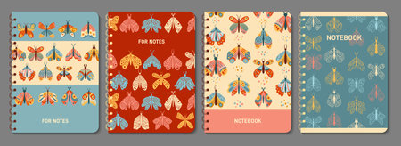 Butterfly and moth notebook cover mystical boho set. Retro bohemian insects design for planner, brochure, book, catalog. Notepad page with ornament. Decorative layout print magic moth template posterのイラスト素材