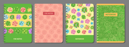 Succulent houseplant notebook cover template set. Exotic tropical home plant design for notepad planner, brochure, book, catalog. Decorative desert flower plants layout page print blossom posterのイラスト素材
