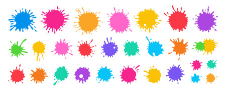 Splash paint splatter colorful cartoon set. Stain and splat flat collection, shapes liquids drop icon splatter. Different splashes and drops colored shape ink collection. Isolated vector illustrationのイラスト素材