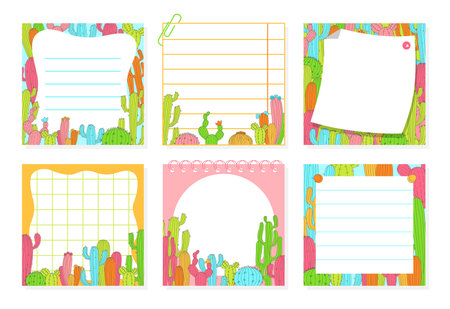 Paper sticky notes, Notepaper Sticker Notepads set with cacti. Sheet list copybook page lined grid. Stationery elements planning education blank organizer. Isolated bright cartoon vector illustrationのイラスト素材
