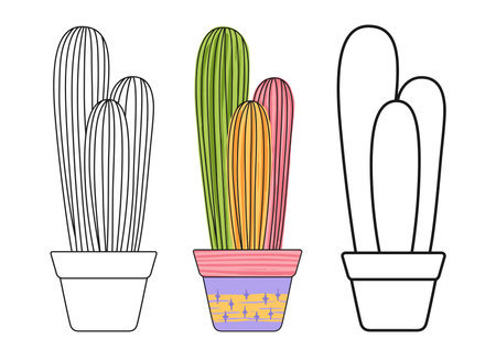 Cactus in flowerpot doodle cartoon set. Western home plants mexican desert contour and sketch cacti. Hand drawn textured succulent collection isolated. Potted linear houseplants vector illustrationのイラスト素材