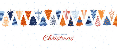 Merry Christmas Happy New Year banner with trees festive border design. Winter Xmas decoration horizontal background with abstract fir trees. Vector backdrop poster celebrate invitation templateのイラスト素材