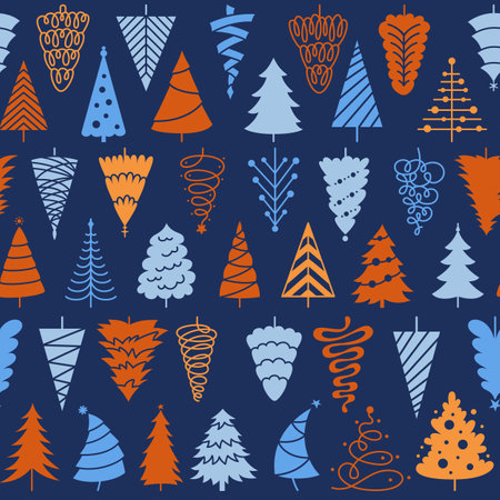 New Year tree Christmas repeat background. Xmas traditional symbol trendy boundless seamless pattern. Noel pine wood endless design for paper print, fabric textile wrapper packaging, backdrop templateのイラスト素材