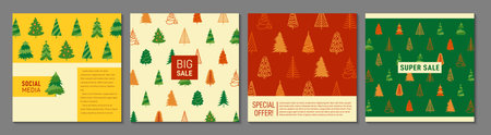 Merry Christmas and New Year cover or square card design set with trees. Xmas traditional symbol pine pattern page flyer. Brochure social media catalog. Decorative noel page background winter vectorのイラスト素材