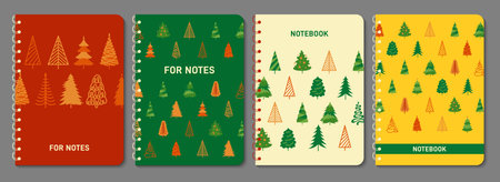 Christmas tree notebook cover set. New Years and xmas traditional symbol pine trendy design for notepad planner, brochure, book, catalog. Decorative layout page print template poster with tree vectorのイラスト素材