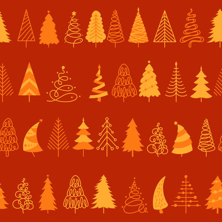 Christmas doodle tree New Year seamless pattern. Noel traditional symbol trendy boundless repeat background. Xmas winter pine wood endless design for print, textile wrapper packaging backdrop templateのイラスト素材