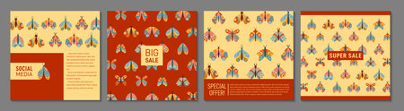 Butterfly moth cover or square card mystical boho design set. Retro bohemian insects pattern flyer, notebook planner with ornament. Brochure social media catalog. Decorative magic moth page backgroundのイラスト素材
