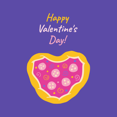 Valentines Day card with heart shaped pizza cartoon style. Funny romantic lunch drawing for valentine greeting cards, postcard, invitation cover template page. Love to pizza design vector illustrationのイラスト素材