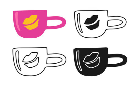 Mug line icon, cartoon symbol and doodle stamp set. Stylized flat cup sign for infographic, website, app. Simple symbol mug coffee or tea crockery, kitchen utensils, cafe restaurant Vectorのイラスト素材