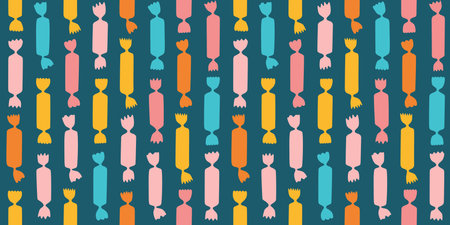 Wrapped candy silhouette seamless pattern. Caramel bonbon lollipop trendy boundless background. Cartoon symbol sweets snack endless design for paper print, fabric textile, wrapper backdrop templateのイラスト素材