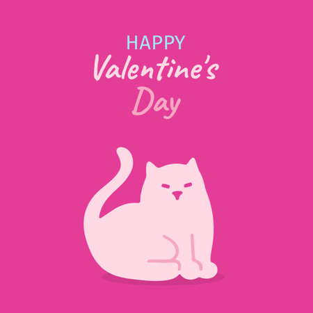 Valentines Day card with cat cartoon style. Kitten character for birthday greeting cards, postcard, invitation cover. Wedding poster, background template page. Vector design illustrationのイラスト素材