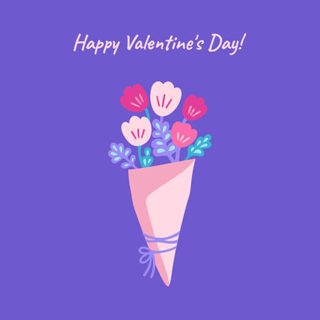 Flowers bouquet cartoon greeting card. Mothers Day or Valentines Day postcard, Wedding or Birthday invitation, Happy Womens Day congratulations poster. Vector minimal floral design illustrationのイラスト素材